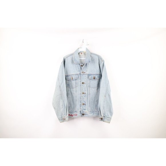 Vintage 90s Disney Mens Medium Distressed Mickey Mouse Denim Trucker Jacket Blue
